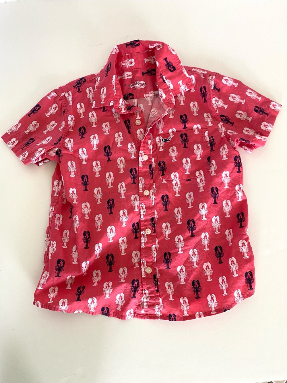 Vineyard Vines Red Lobster-Print Short Sleeve Button-Down Cotton Shirt Sz 6